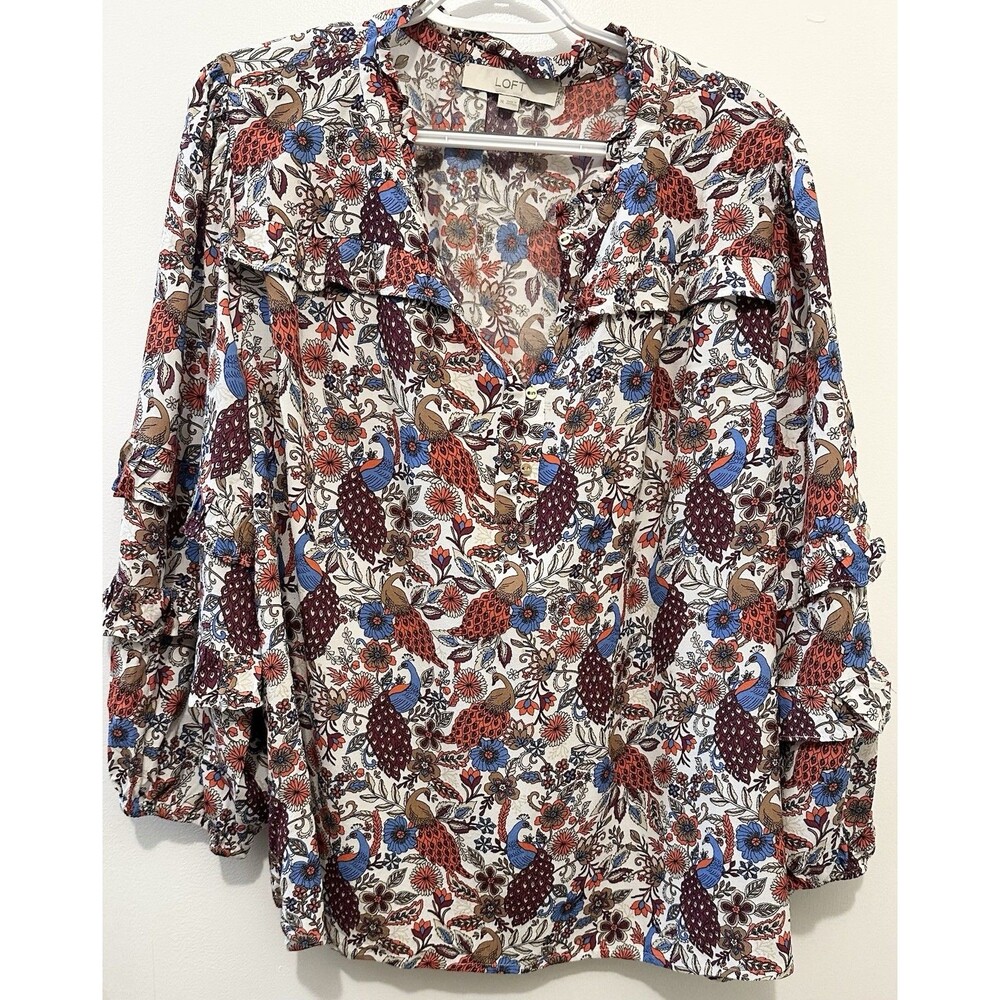 LOFT Floral Peacock Ruffle Sleeve Blouse Top Women's Size XL
